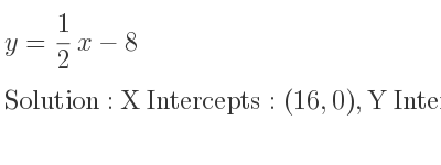 The y= 1/2 x-8 is X Intercepts: (16,0),Y Intercepts: (0,-8)